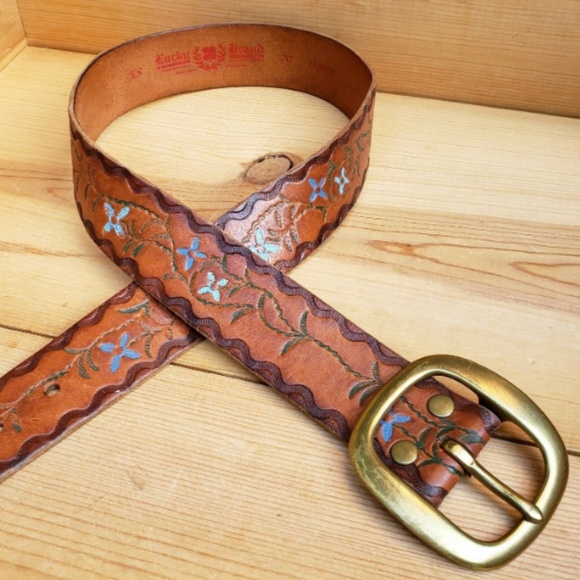 XS Lucky Brand Belt Leather Floral Hand Painted - Picture 4 of 8